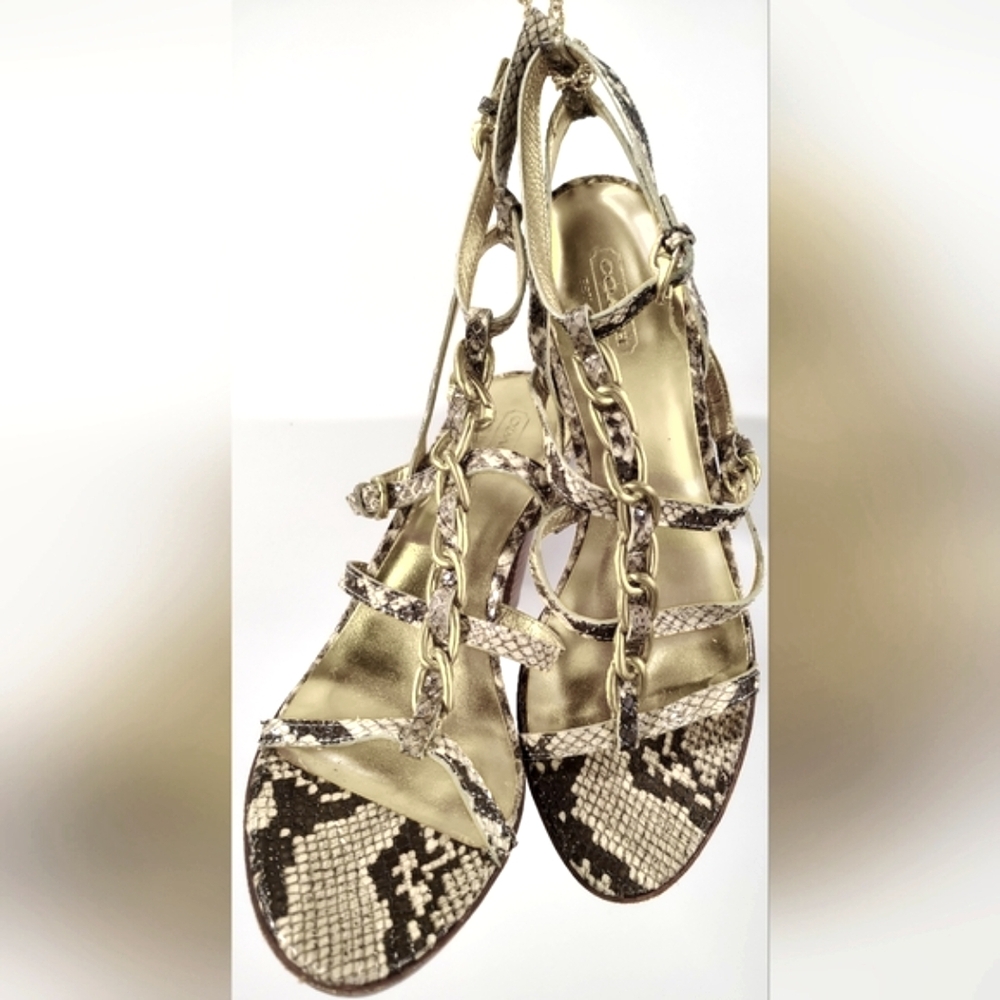 COACH LIBERTIE SNAKESKIN GOLD CHAIN GLADIATOR STRAPPY HEELS ANKLE STRAP sz 8.5.